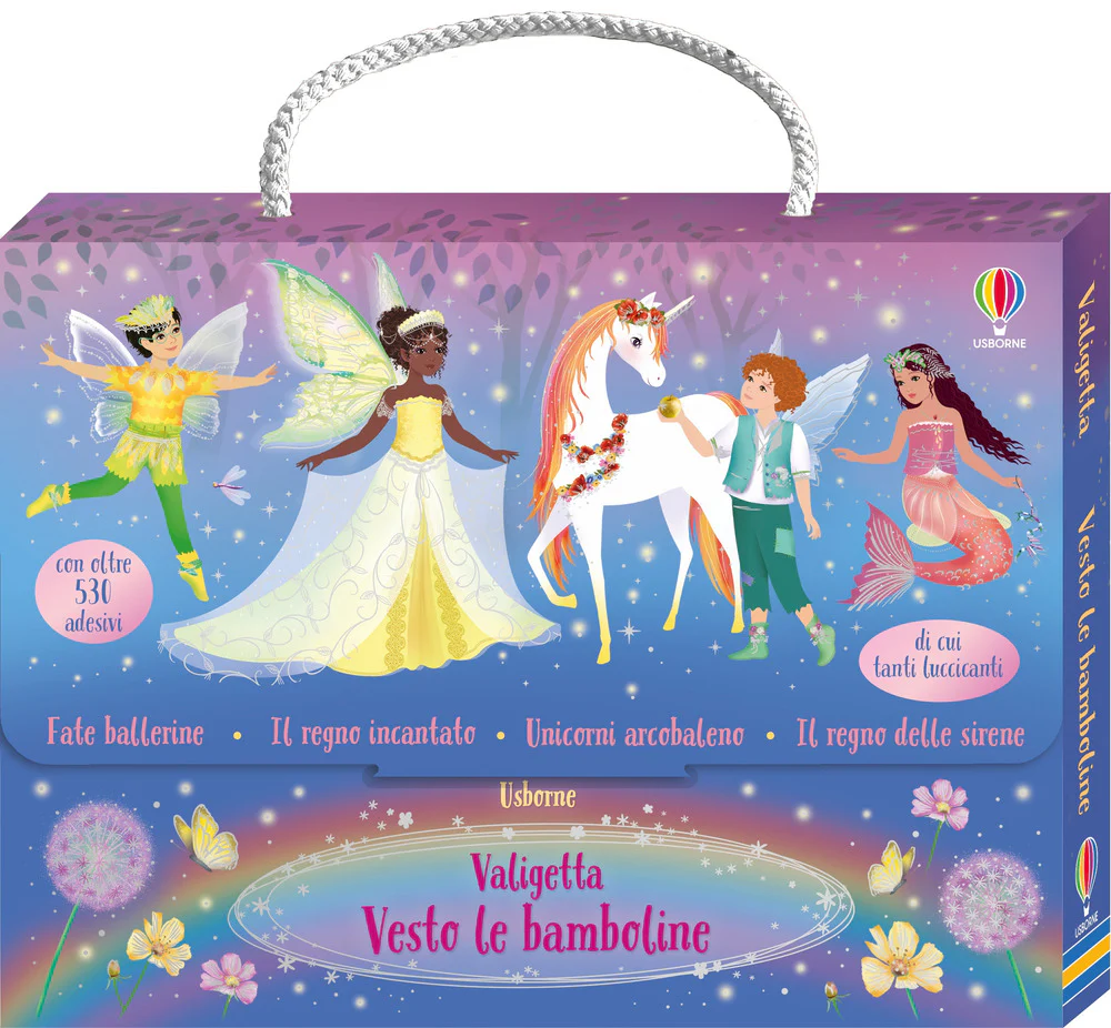Valigetta Vesto le bamboline. Con adesivi. Ediz. a colori. Vol. 5: Fate ballerine-Il regno incantato-Unicorni arcobaleno-Il regno delle sirene